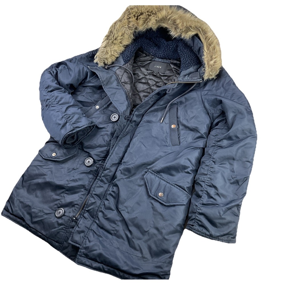J Crew Hooded Military Parka Jacket Womens S Navy Blue Faux Fur Trim Full Zip
